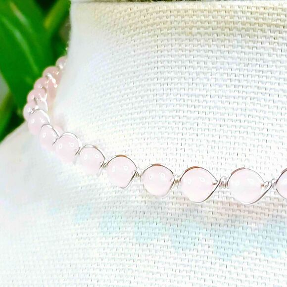 Rose Quartz Gemstone Beaded Choker Necklace, Crystal Choker - Picture 4 of 5